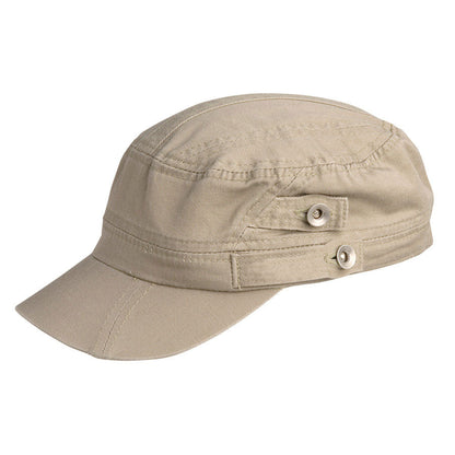 Khaki organic cotton field army fatigue cap with silver buttons on side