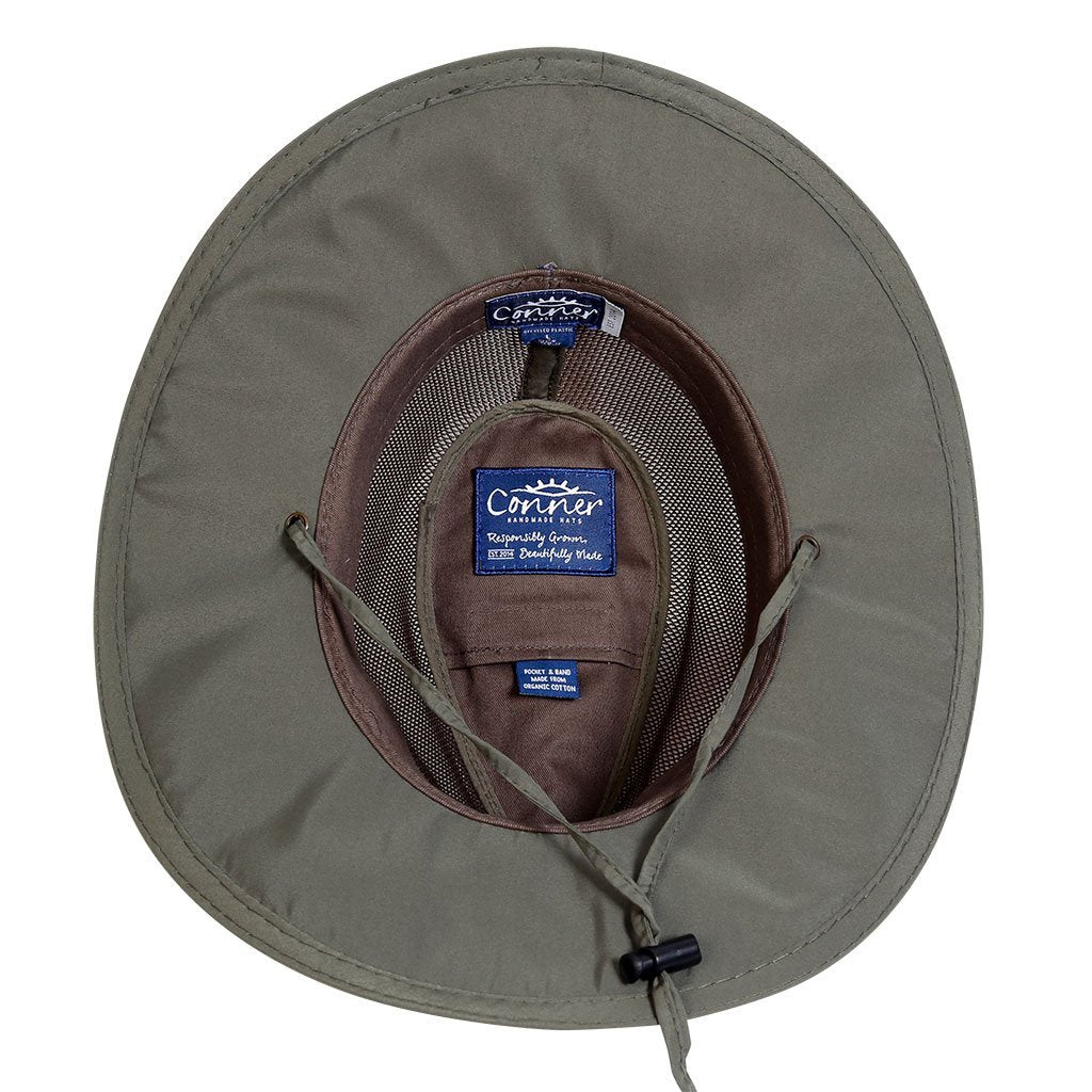 Underneath view of Lightweight cool mesh outback hiking hat made with recycled plastic bottles in color Olive showing organic cotton inner band and secret pocket