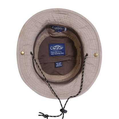 Inside view of organic cotton bucket hiking hat showing organic inner band and secret pocket and chin cord