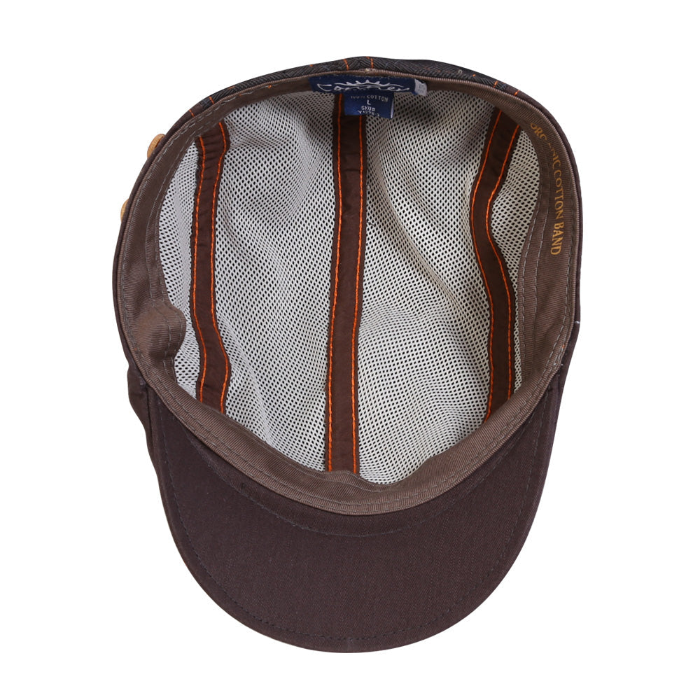 Inside view of cotton Newsboy Flat Cap showing inner organic cotton sweat band