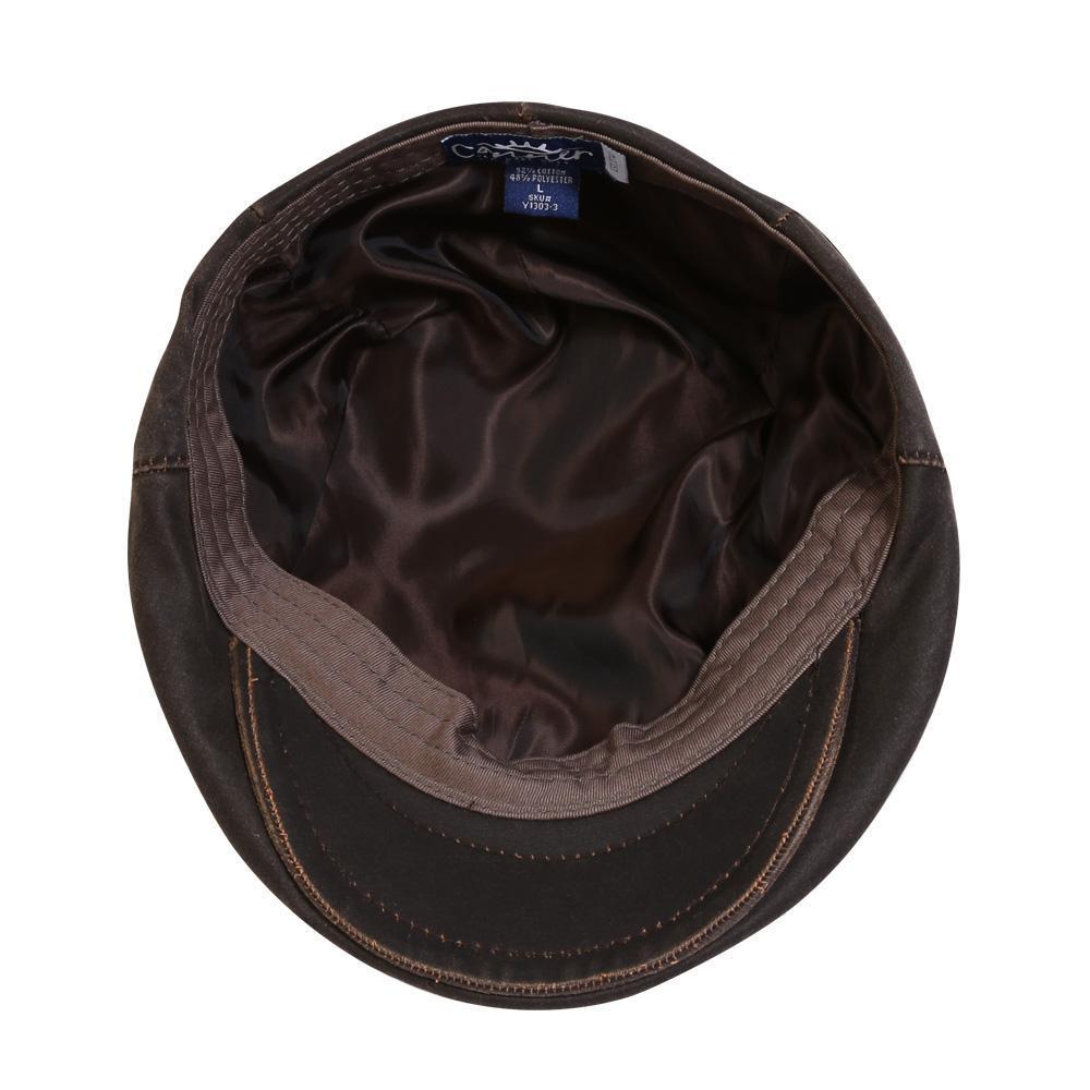 inside view of Conner Hats Swansey waterproof cloth newsboy flat cap in color Brown showing organic cotton inner band and satin lining