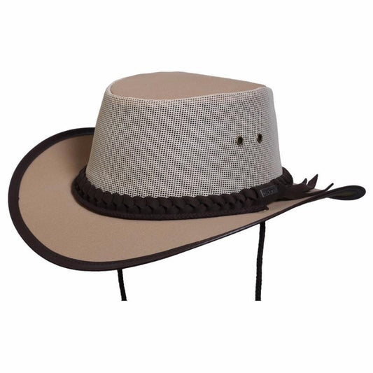 Aussie style Outback Beige canvas hat with a mesh crown for cooling affect including  a Brown braided hat band and chin cord