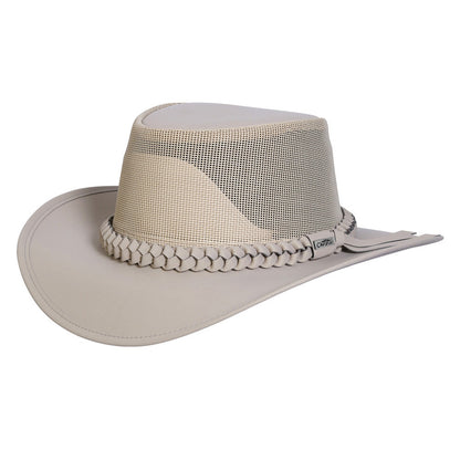 Aussie outback soakable golf hat showing mesh crown and sun protective brim in color Sand