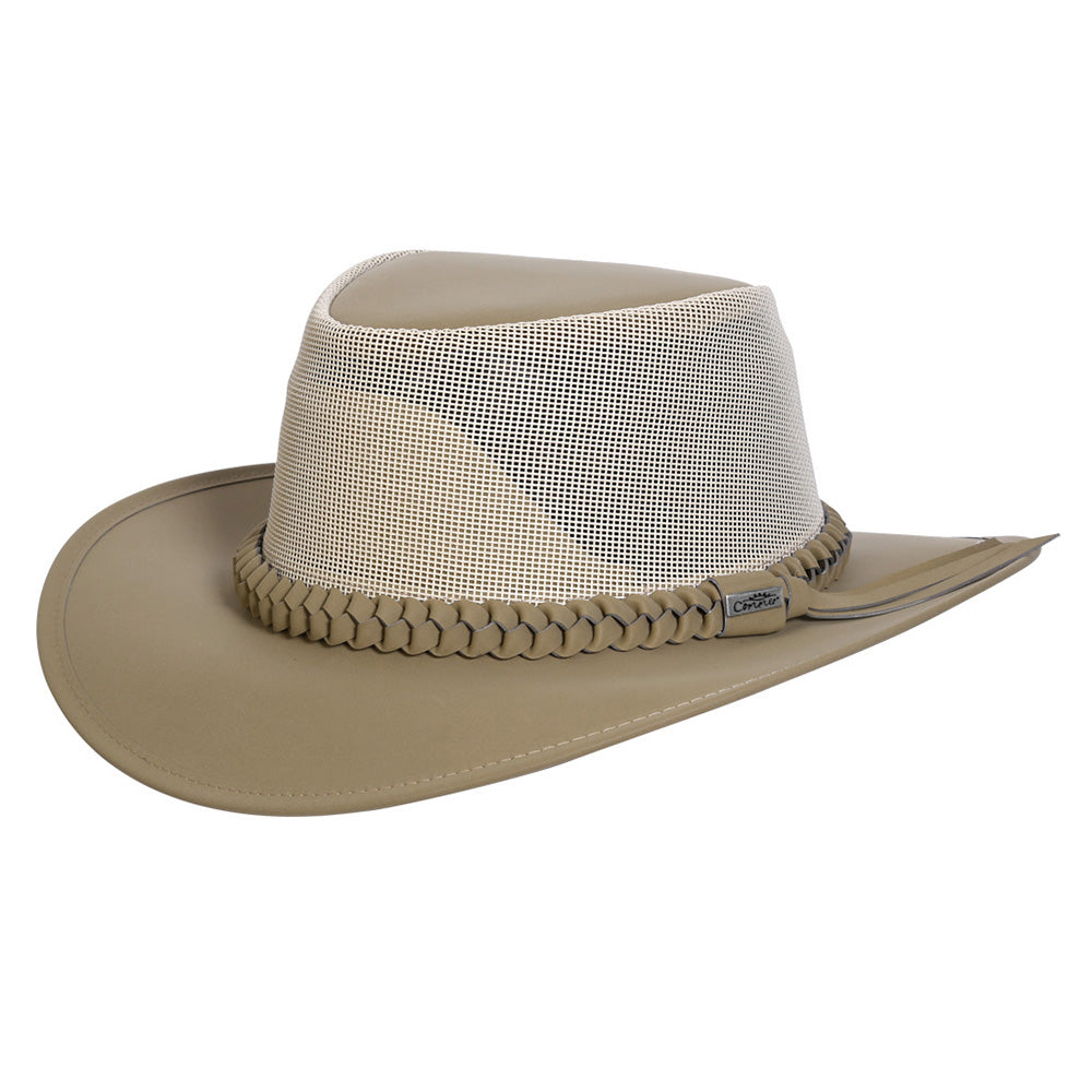 Aussie outback soakable golf hat showing mesh crown and sun protective brim in color Khaki