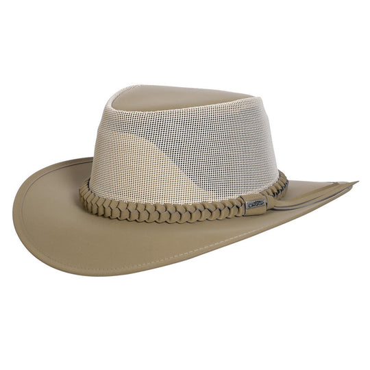 Aussie outback soakable golf hat showing mesh crown and sun protective brim in color Khaki