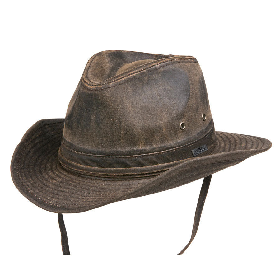 Outback style hat made from water proof weathered cotton that looks like leather