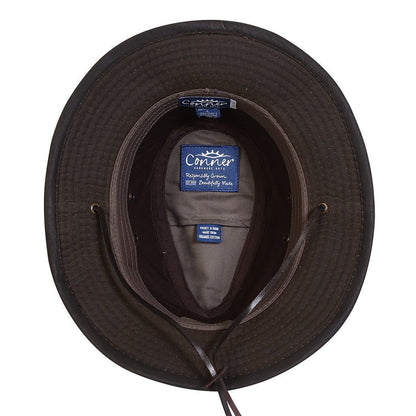 Inside view of Australian outback oilskin cotton hat with leather chin cord showing organic cotton inner band and secret pocket