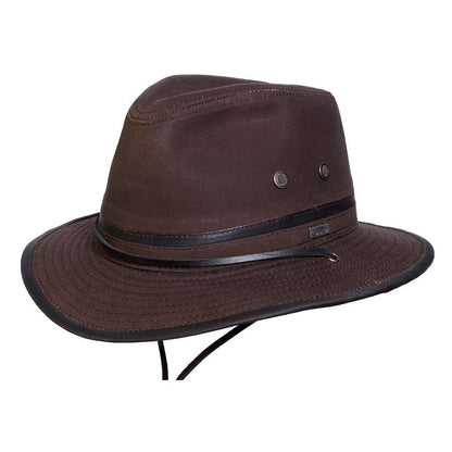Australian outback oilskin cotton hat with leather chin cord  and brass colored mesh eyelets