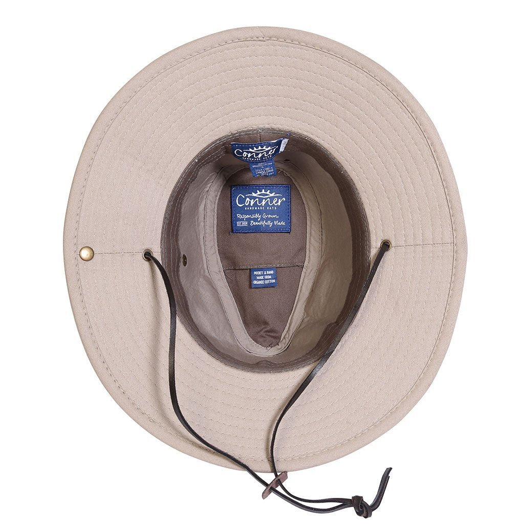  Inside view of cloth outback hat in color Khaki showing leather chin cord and inside organic cotton band and secret pocket