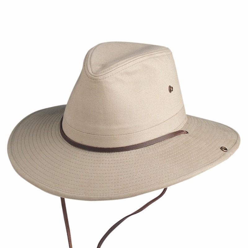 Cloth outback hat in color Khaki with leather chin cord