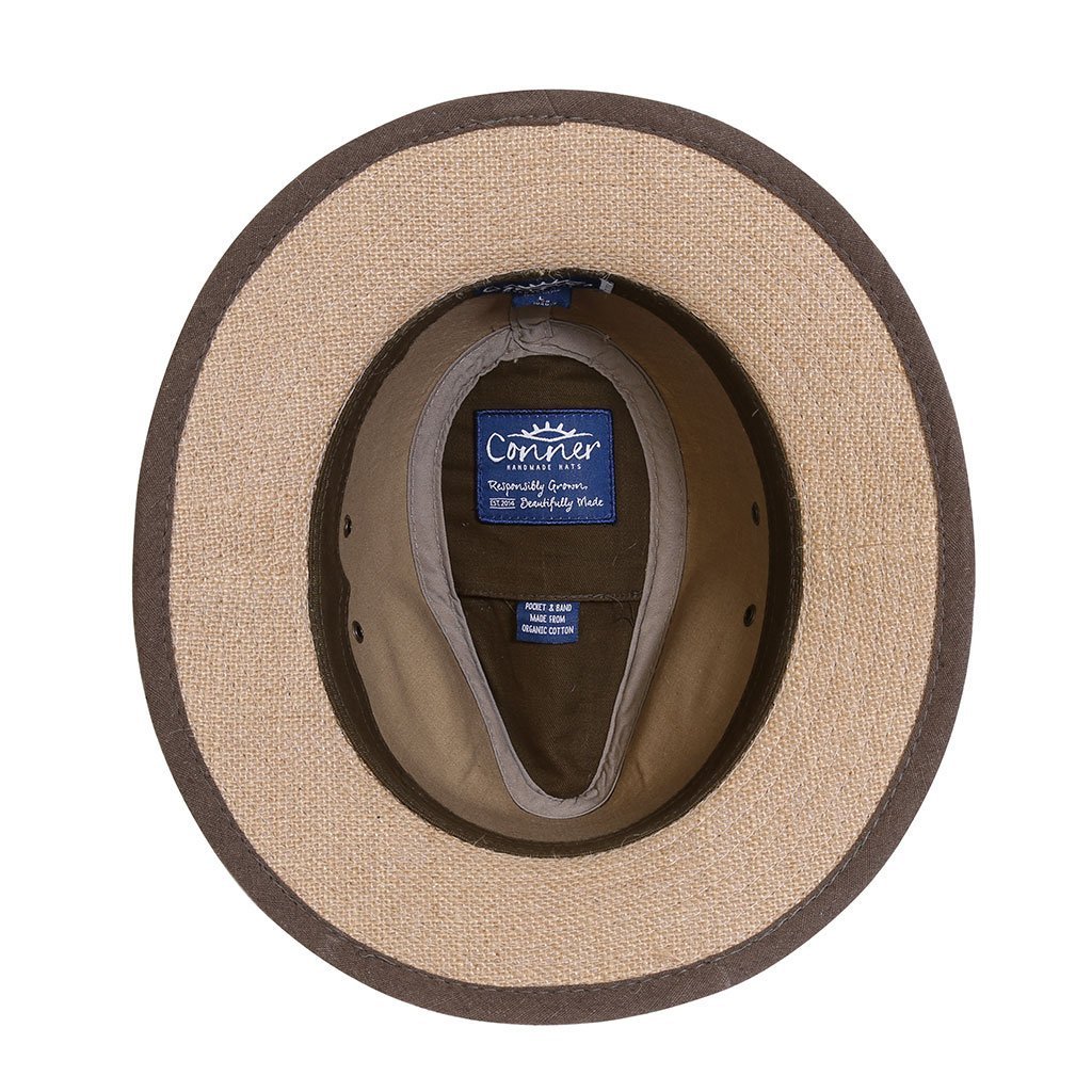Under view of safari style hemp hat showing sun protection brim and inner organic cotton sweat band and secret pocket