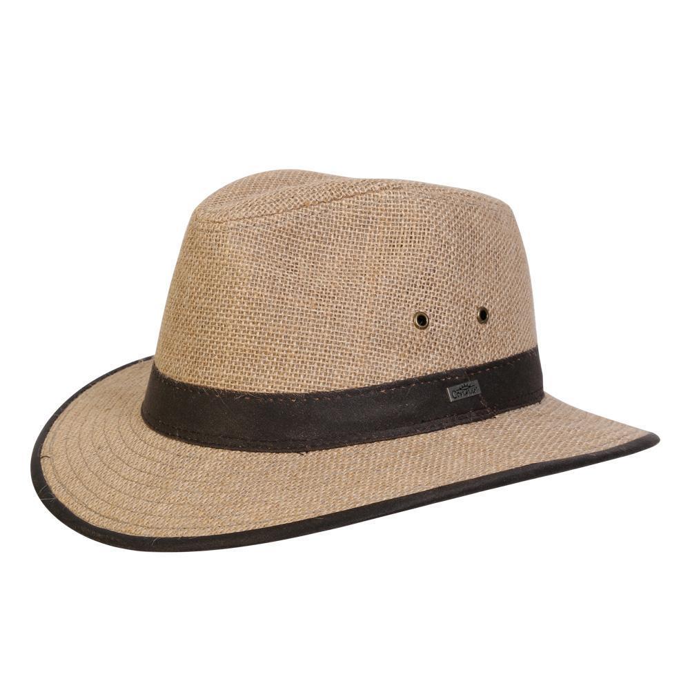 Safari style pinched front sun protection hat made from natural colored hemp with a dark brown band and trim