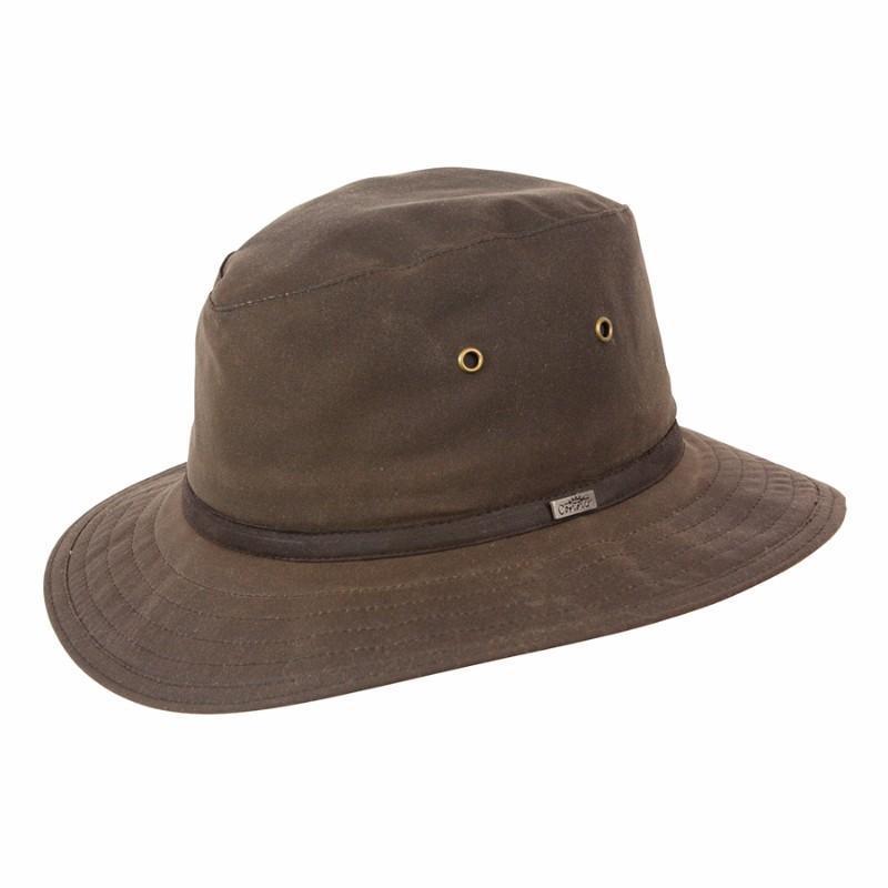 Brown oilcloth Hat with brass colored eyelets and wide sun protection brim