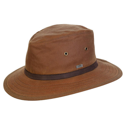Tan oilcloth Hat with brass colored eyelets and wide sun protection brim