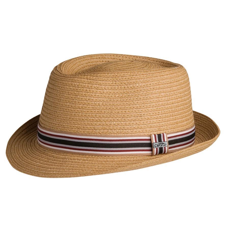  Straw Pork Pie Fedora in Tan color with red white and blue hat band