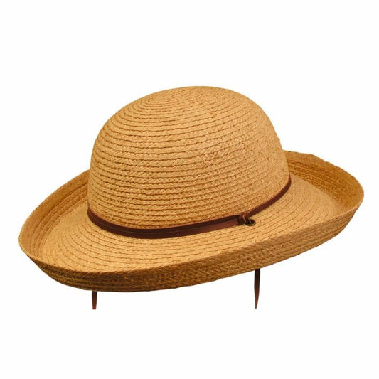 Ladies raffia straw gardening Hat with Brown leather chin cord