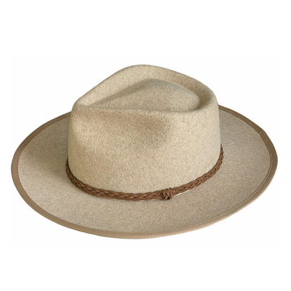 Outback style hat with stiff brim and bound edge with a braided vegan band