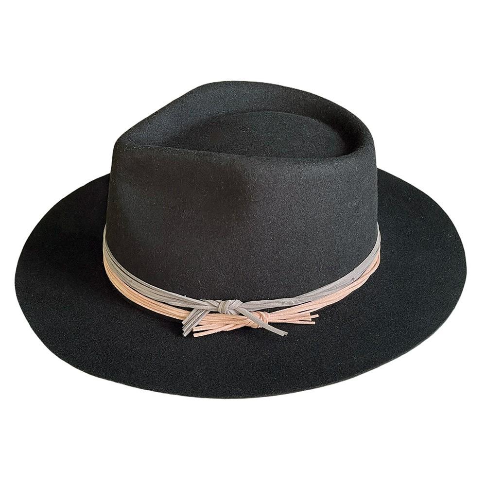 Black colored wool outback boho style with raw edge and flat brim for extra style with vegan leather two tone hat band