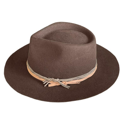 Brown colored wool outback boho style with raw edge and flat brim for extra style with vegan leather two tone hat band