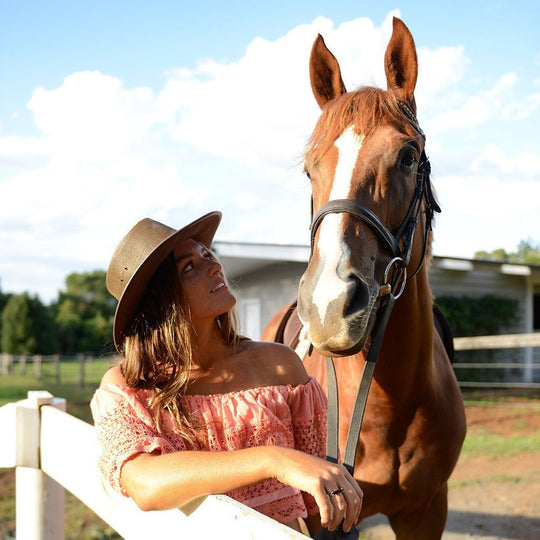 Girl with horse in BC Hats Cool as a Breeze Australian suede Leather Hat mesh hat in moose color