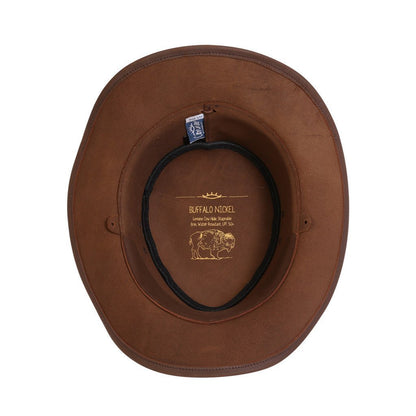Inside view of Brown leather outback hat with buffalo nickel coins around the band