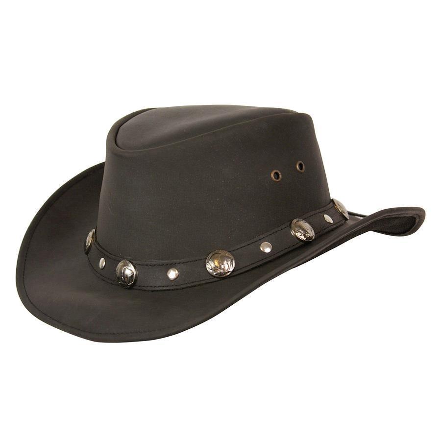 Black leather outback hat with buffalo nickel coins around the band