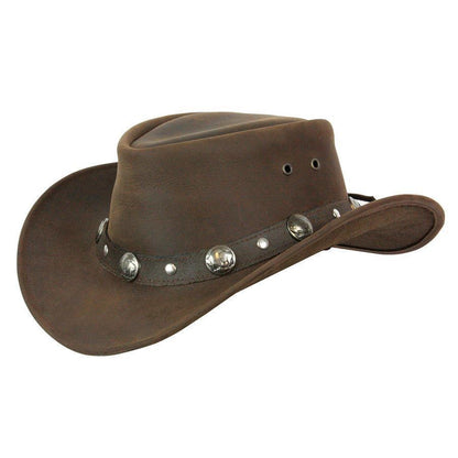 Brown leather outback hat with buffalo nickel coins around the band