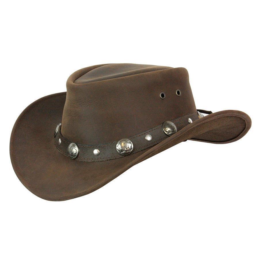 Brown leather outback hat with buffalo nickel coins around the band