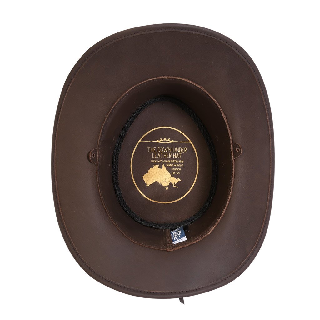 Inside view of outback leather hat in color Brown showing gold screen print Australia and Kangaroo logos