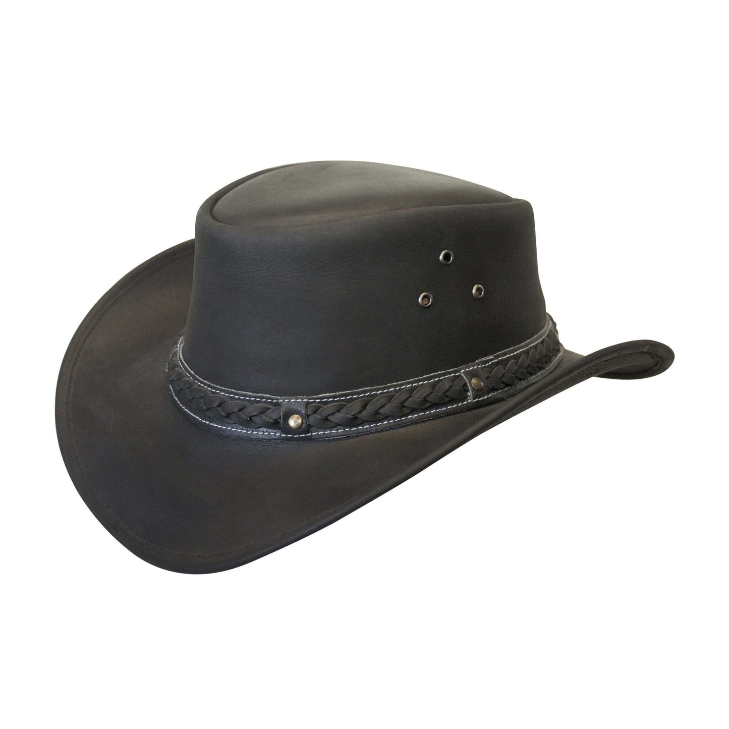 Outback leather hat in color Black with three eyelets for ventilation and sewn on braided hat band for a unique look