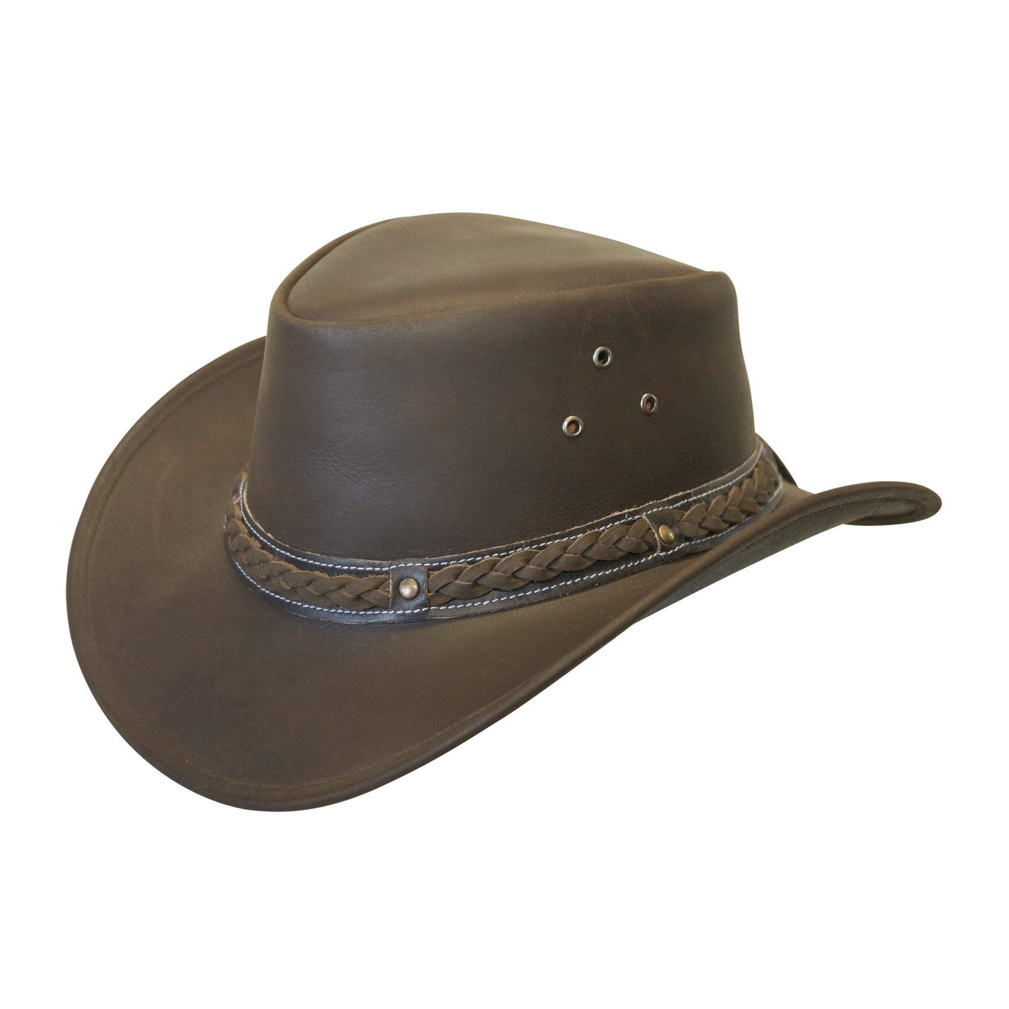 Outback leather hat in color Brown with three eyelets for ventilation and sewn on braided hat band for a unique look