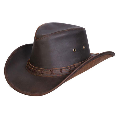 Leather outback and western style hat with shapeable brim in color Brown