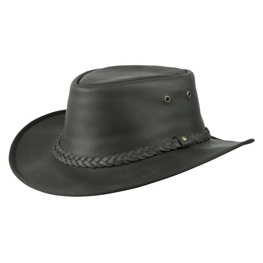 Leather outback crushable hat with wide brim  in color Black