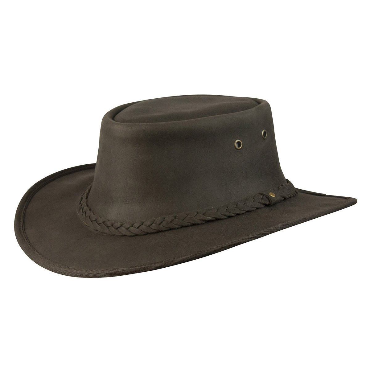 Leather outback crushable hat with wide brim  in color Brown
