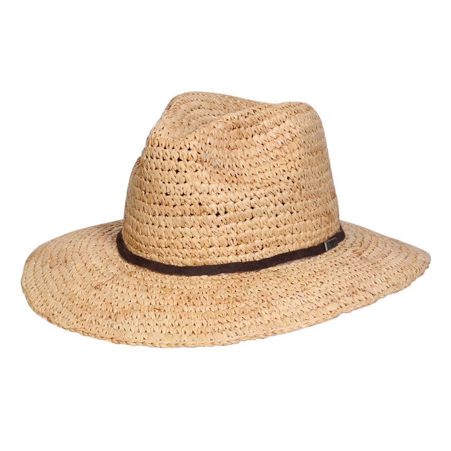 Hand crocheted raffia straw sun hat with brown faux leather band
