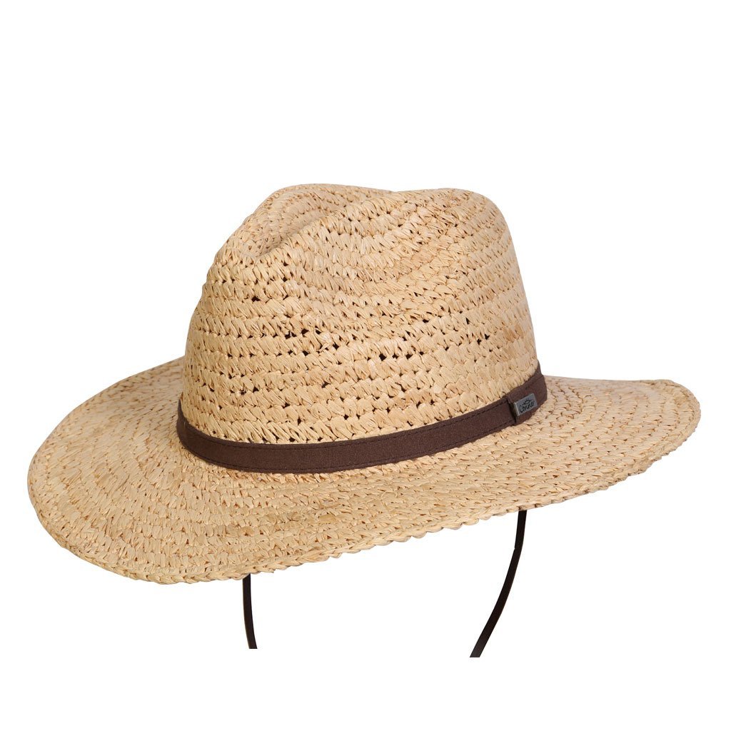 Wide brim sun protection raffia straw hat hand crocheted in natural color with Brown hat band and Brown chin cord