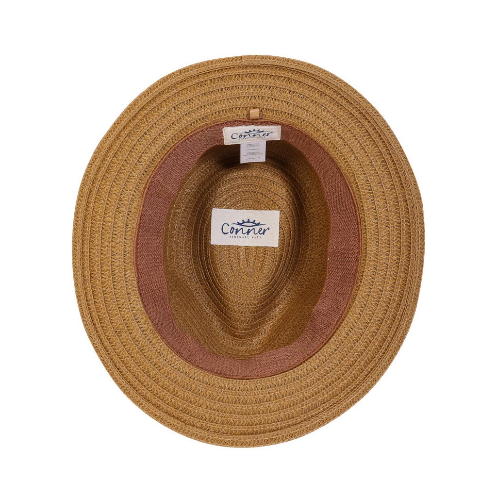 Under view of straw fedora hat in color Tan showing inner terry stretch band and organic cotton labels printed with veggie dyes