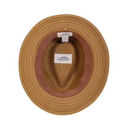 Under view of straw fedora hat in color Tan showing inner terry stretch band and organic cotton labels printed with veggie dyes