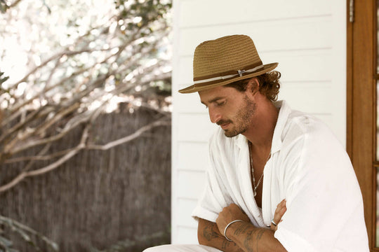 Man in straw fedora hat in color Tan with Brown and Tan grosgrain hat band