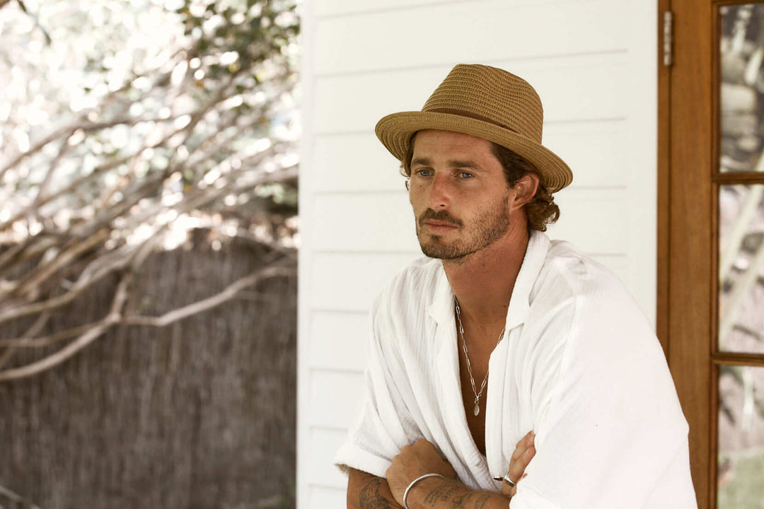 Man outside in straw fedora hat in color Tan with Brown and Tan grosgrain hat band