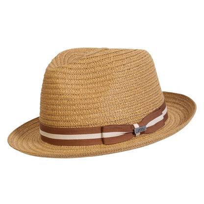 Straw fedora hat in color Tan with Brown and Tan grosgrain hat band