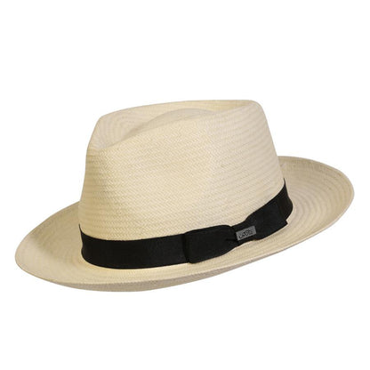 Panama style straw fedora hat in natural color with Black grosgrain band and bow