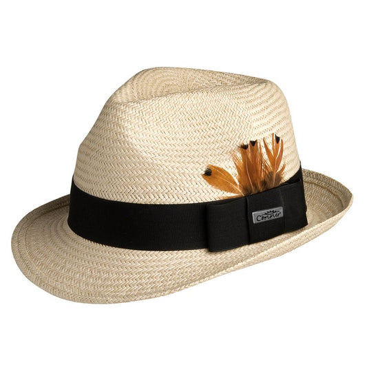 Panama style straw fedora hat with Black grosgrain band and feather accent