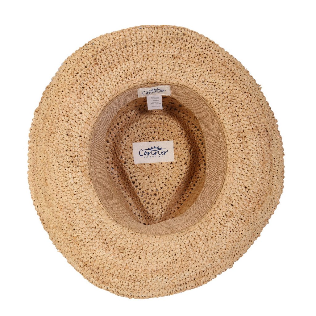 Inside view of men's raffia straw golf and gardening hat showing soft terry inner sweat band and organic cotton labels