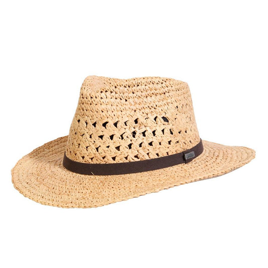 Men's raffia straw golf and gardening hat with Brown faux leather band and sun protection brim