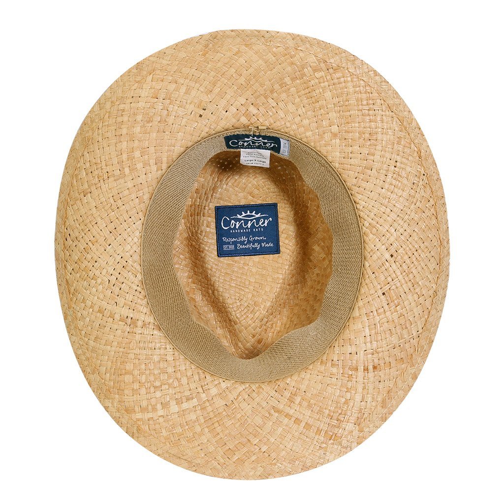 Inside view of sustainable raffia straw outback hats in Natural color showing inner terry band and labels made from organic cotton