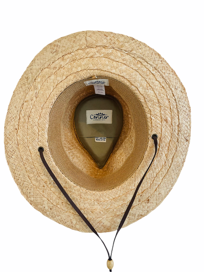 Inside view of straw outback sun hat showung inner soft terry band and organic secret pocket and chin cord