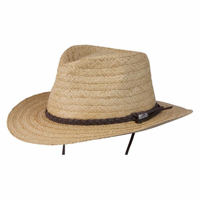 Straw outback sun hat with faux leather braided hat band and chin cord