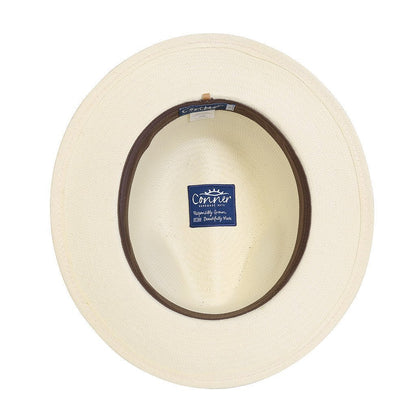 Inside view of straw fedora hat in Panama style showing inner organic cotton band