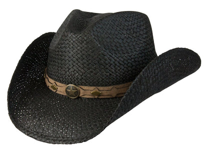 Western straw hat hand braided from raffia in Black color with faux leather band and brass colored star and conchos